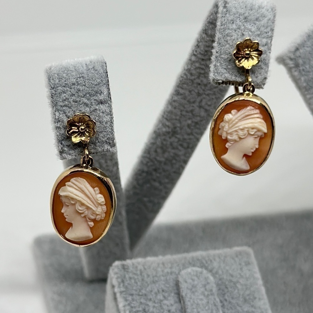 VINTAGE 14K real solid gold camafeo earrings - Picture 4 of 16